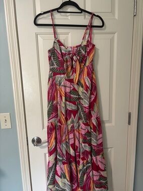 LOFT Pink Tropical Leaf Maxi Dress with Green and Yellow Accents